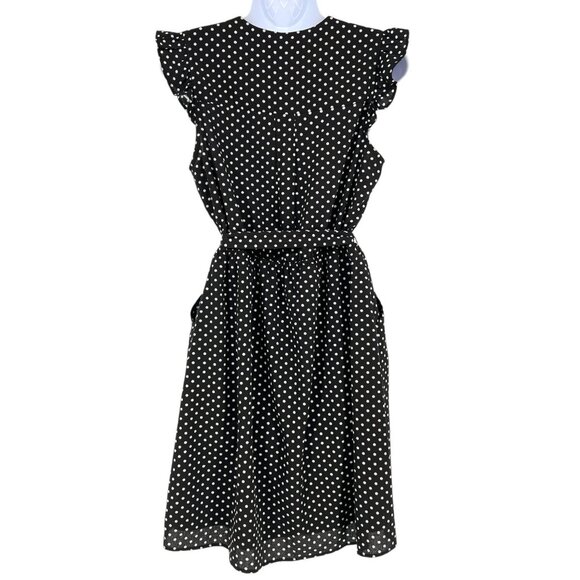 Monteau Polka Dot Sleeveless A-Line Ruffle Trim Dress Black White Size Small - Picture 5 of 9